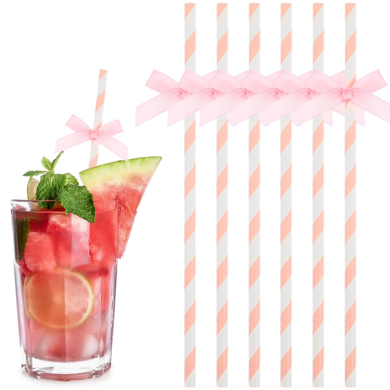 60pcs Pink and White Striped Paper Straws with Bow Ties, Disposable Biodegradable Decorative Drin... | Amazon (US)