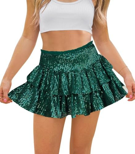 Women Sequin Skirt Sparkly Cute High Waist Ruffle Flowy Shiny Glitter Mini Short Skirts Night Out... | Amazon (US)