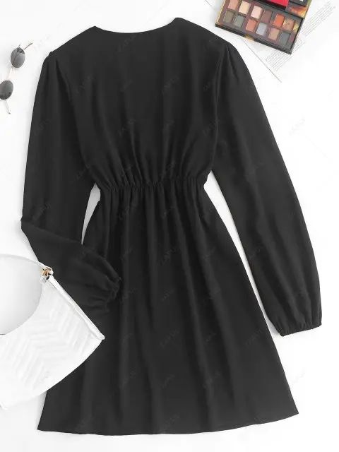 Long Sleeve Empire Waist Mini Dress - Black S | ZAFUL (Global)