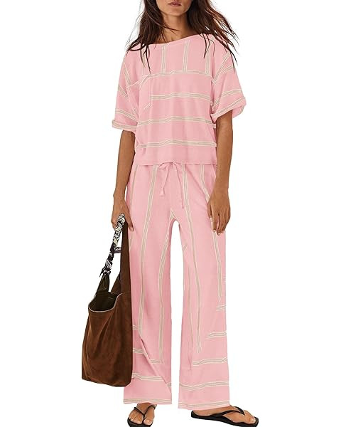 Nirovien Womens Striped Lounge Set 2 Piece Vacation Sets Short Sleeve Tops and Wide Leg Pants Tra... | Amazon (US)