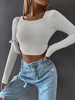 Meladyan Women Long Sleeve Knitted Solid Crop Top Square Neck Fitted Asymmetrical Hem Cropped Tee... | Amazon (US)