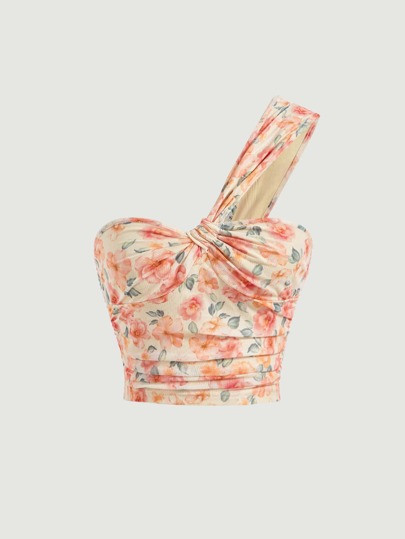SHEIN MOD Floral Print One Shoulder Twist Front Crop Top SKU: sw2212082123881390(100+ Reviews)$5.... | SHEIN