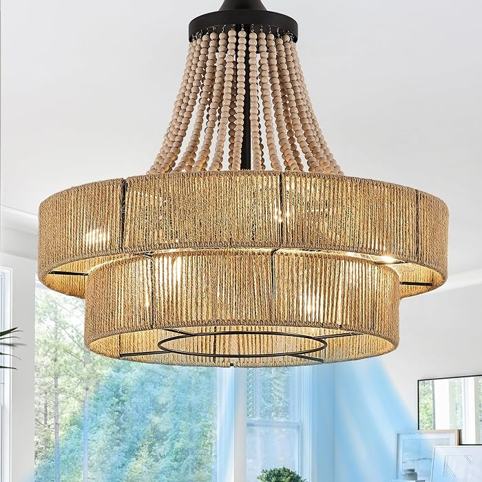 20” Twine Caged Ceiling Fan Double Layer Coastal Boho Ratten Chandelier Fandelier for Dining Ta... | Amazon (US)