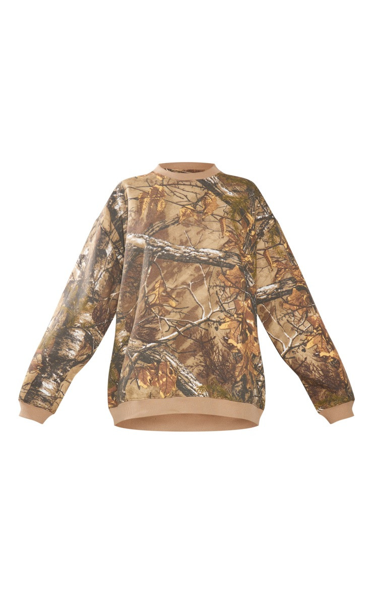 Khaki Camouflage Printed Oversized Sweatshirt | PrettyLittleThing US