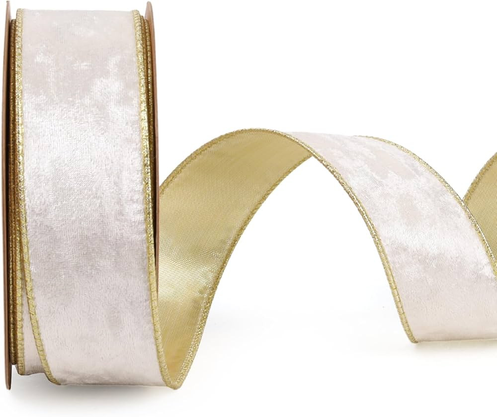 LaRibbons Ivory and Gold Velvet Ribbon Wired, 10 Yards 1 1/2 Inch Wide Double Faced Velvet Ribbon... | Amazon (US)