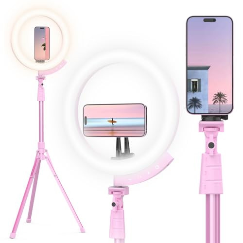 UBeesize Upgraded 12'' Ring Light with 62'' Tripod Stand and Magnetic Phone Holder,LED Selfie RingLight for iPhone with Remote,Circle Light for Tiktok/YouTube/Photography/Makeup/Live Stream Pink | Amazon (US)