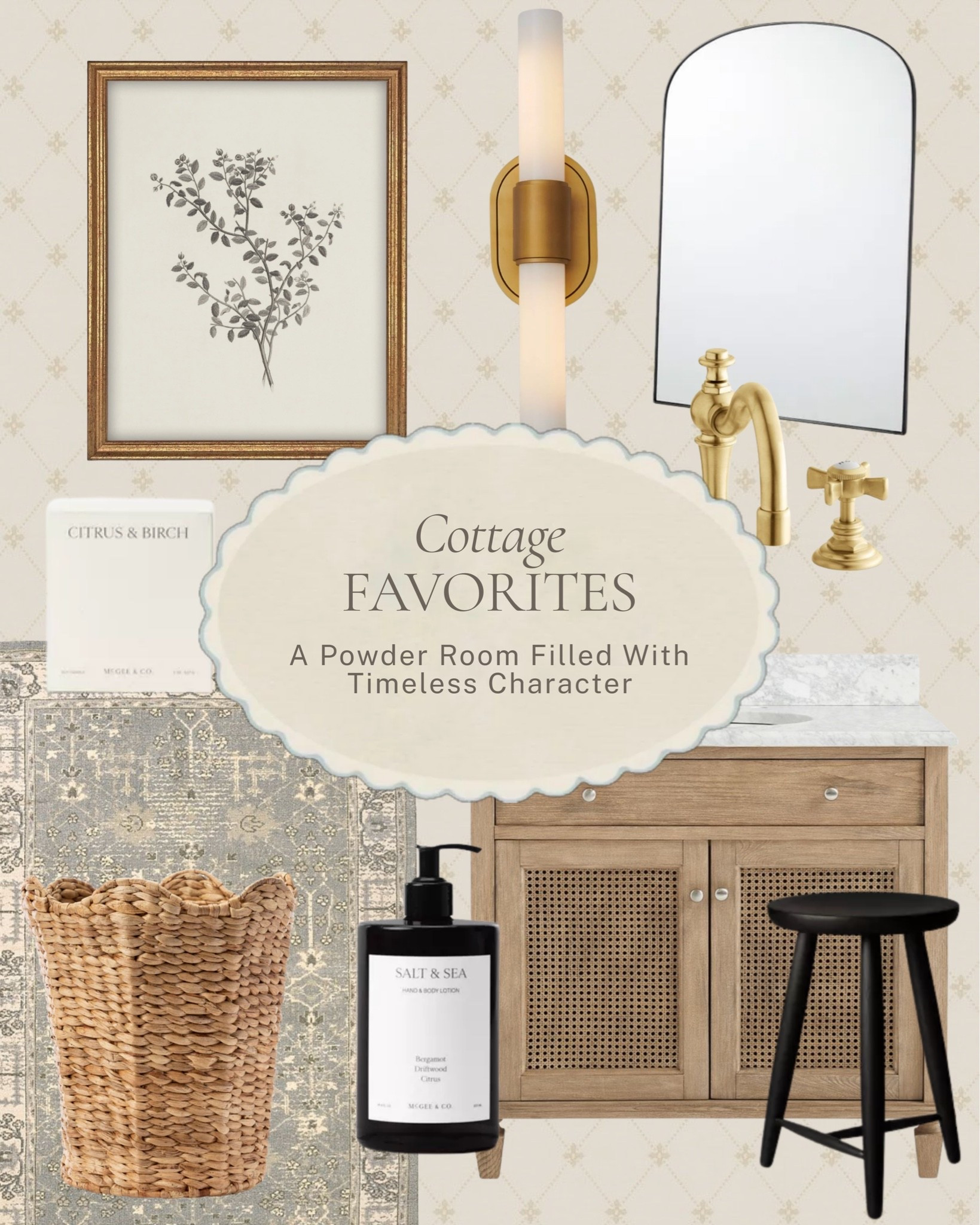 The powder room that stops people in their tracks ✨ 

A cane vanity, an arched mirror, an unlacquered brass faucet, a gold sconce, a botanical print, a woven wastebasket, and those quiet little details that make a small space feel incredibly considered. 

All linked here 🤍 

#LTKhome