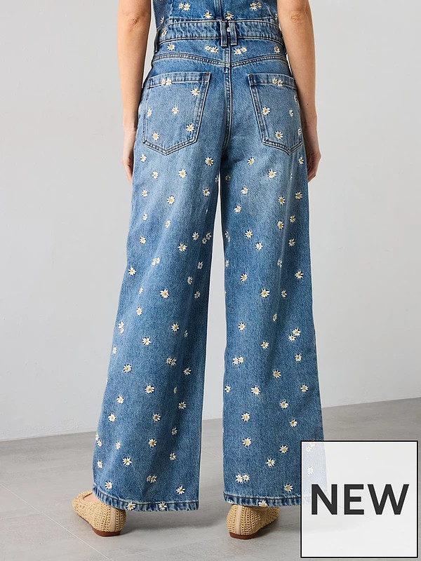 Mango Flower Embroidered Wide Leg Jeans - Blue | Very (UK)