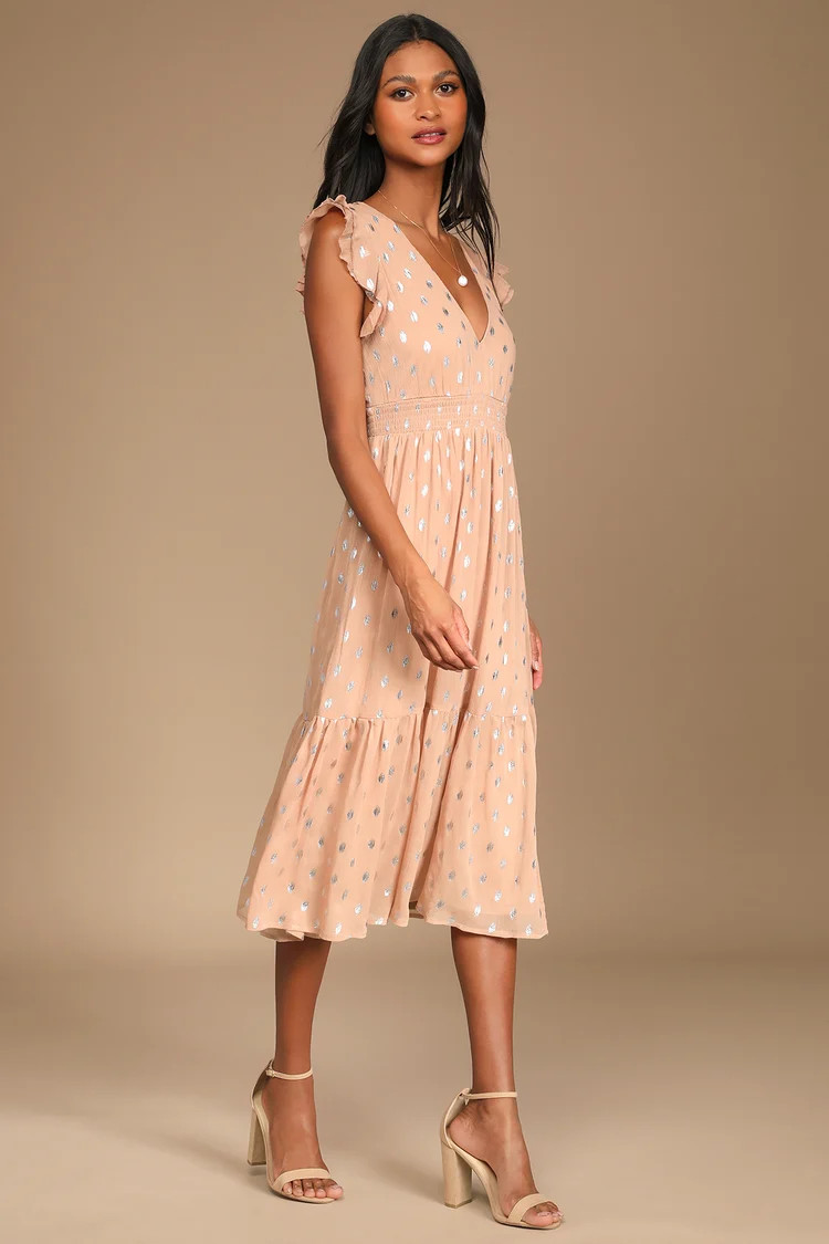 Cause to Celebrate Mauve and Silver Ruffled Tiered Midi Dress | Lulus