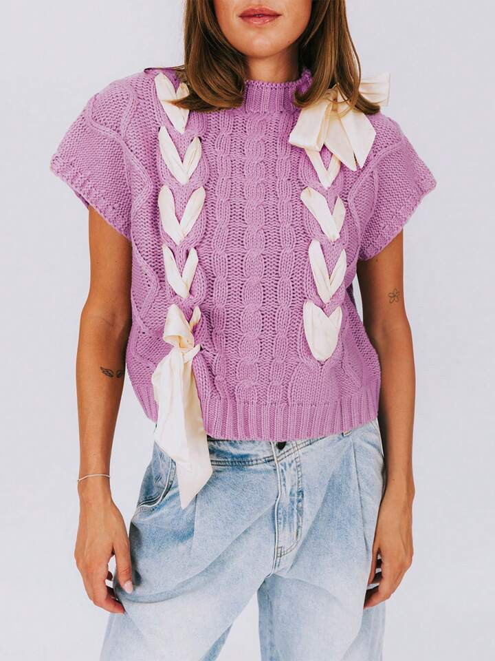 Women Y2k Lace Up Ribbon Sweater Vest With Bow Twist Knit Mock Neck Crochet Tank Top Cute Cap Sle... | SHEIN