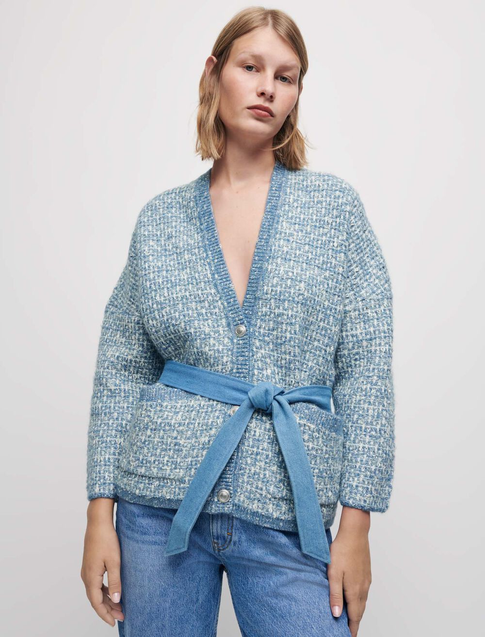 121MYMONO Belted fancy knit cardigan | Maje US