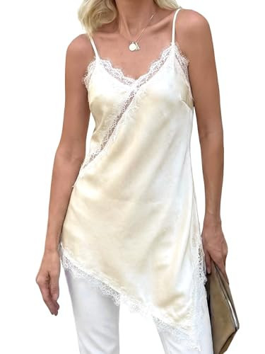 Cicy Bell Womens Summer Satin Lace Cami Tops V Neck Spaghetti Strap Cute Backless Long Camisole Asymmetrical Hem Party Dress Beige | Amazon (US)