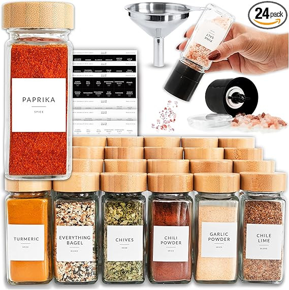 SAVVY & SORTED Glass Spice Jars with Label, 24PK Bamboo Jar Spices Set 4oz, 374 Spice Labels, Pep... | Amazon (US)