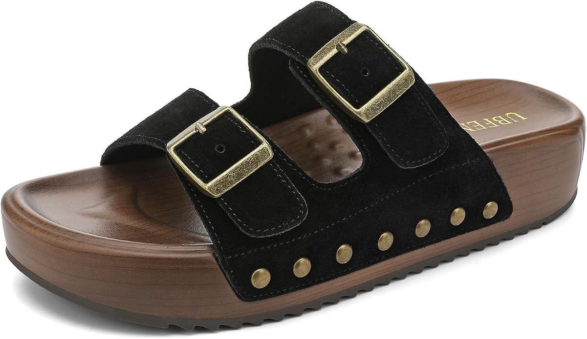 UBFEN Womens Platform Slide Sandals | Real Leather,Buckle Sandals with Cushioned Flatform Footbed... | Amazon (US)