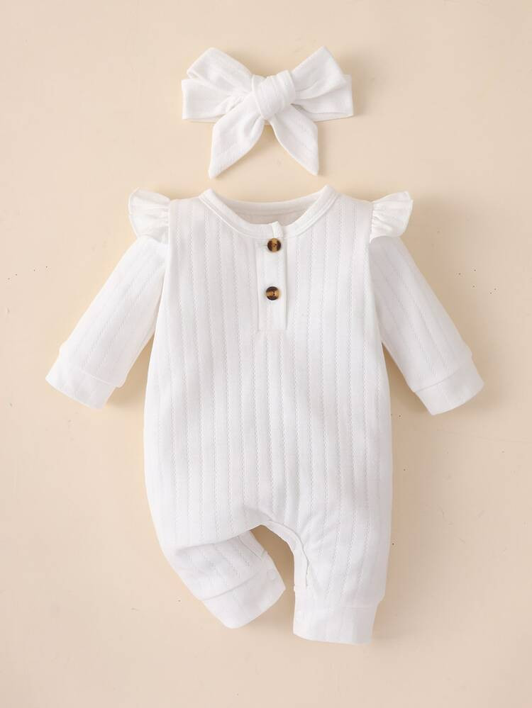 Newborn Baby Ruffle Trim Jumpsuit & Headband | SHEIN