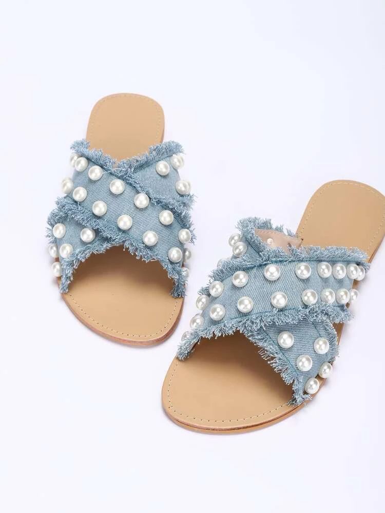 Faux Pearl & Fray Trim Decor Slide Sandals | SHEIN
