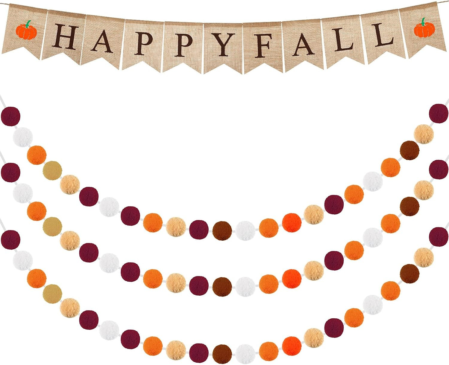 Tatuo 3 Pcs Happy Fall Pumpkin Burlap Banner Felt Pom Pom Ball Garland | Amazon (US)
