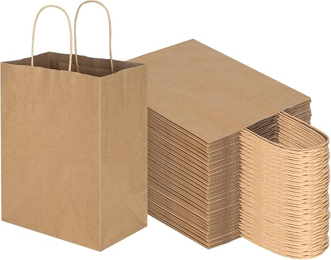 Amazon.com: Toovip 100 Pack 8x4.75x10 Inch Medium Plain Brown Kraft Paper Bags with Handles Bulk,... | Amazon (US)