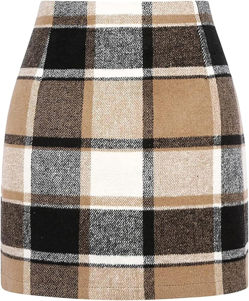 Womens High Waist Plaid Skirt Bodycon Pencil Wool Mini Skirts | Amazon (US)
