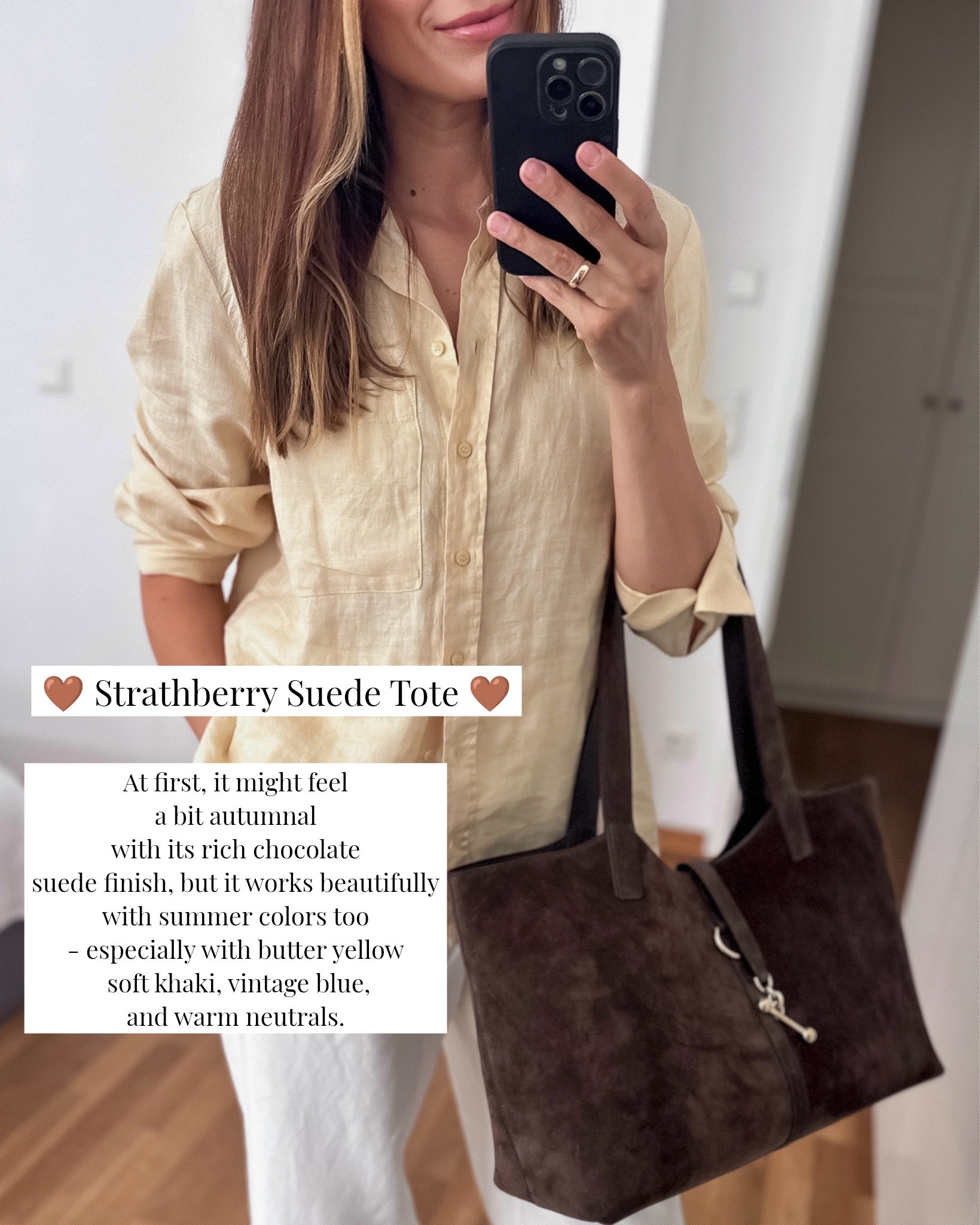Fave work bag/tote atm 🤎 @Strathberry 
Also linked the shirt - it's a lightweight 100% linen, slightly oversized - wearing size M.