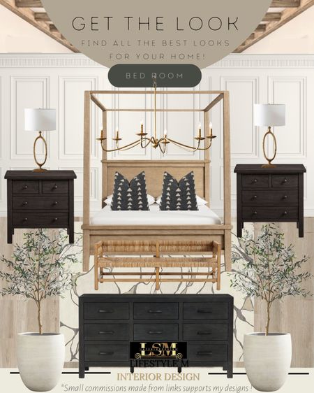 Modern and organic bed room design. Recreate the look with these home furniture and decor find! Black dresser, black night stands, wood weave bench, wood canopy bed, throw pillow, bed room brass chandelier, table lamp, ceramic white tree planter pot, faux fake olive tree, bed room rug.

#LTKFind #LTKSeasonal #LTKhome