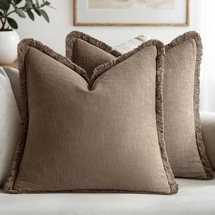 MIULEE Decorative Throw Pillow Covers Neutral Linen Fringe Throw Pillows Set of 2 Cocoa Brown Boh... | Amazon (US)