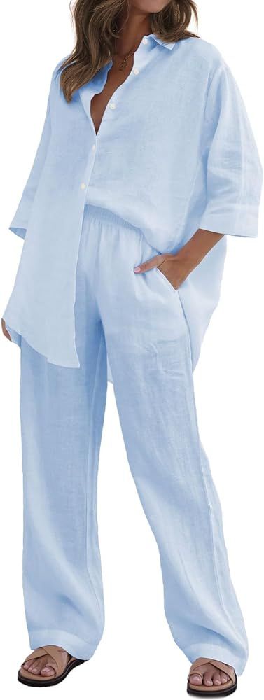 Women's 2 Piece Outfits Sets Button Down Half Sleeve Shirts and Long Pants Pajama Sets Summer Cas... | Amazon (US)