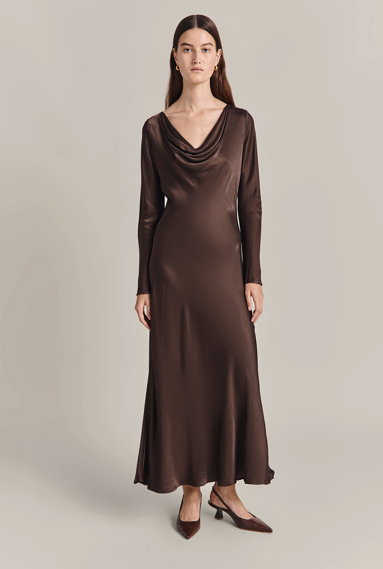 Emily Satin Midi Dress

                        Dark Brown | Ghost