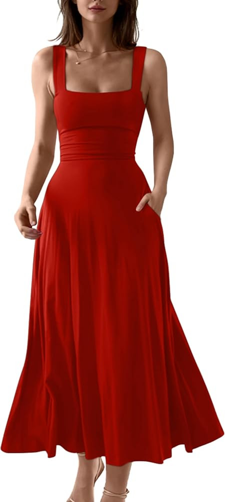 OYS Women's Casual Sleeveless Square Neck A-Line Solid Slim Flowy Long Corset Dress with Pockets | Amazon (US)