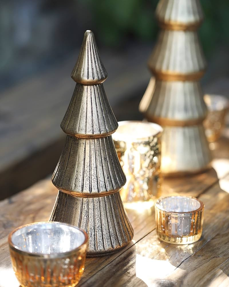 WONDROUS' DECO Wooden Christmas Tree Figurine, Tabletop Gold Tree Figurine, Set of 2 Desk Centerp... | Amazon (US)
