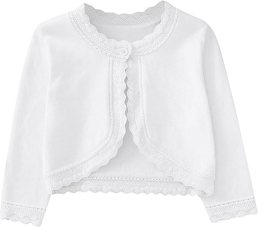 Girls Bolero Cardigan Shrug for Dresses, Long Sleeve Button Knit Cropped Sweater with Scalloped T... | Amazon (US)