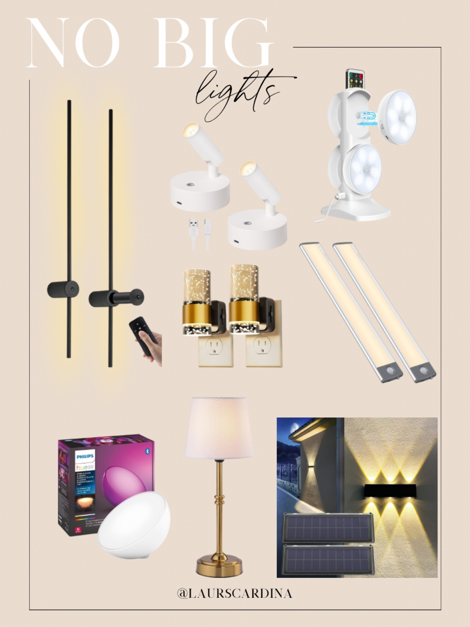 By “no big lights” favorites include wall sconces, spotlights, pucks, under cabinet lights, night lights, solar outdoor lights, a portable dimmable lamp, a mini lamp.

Home decor, dimmable lights, mood lights, indoor lighting, soft lighting

#LTKFindsUnder50 #LTKStyleTip #LTKHome