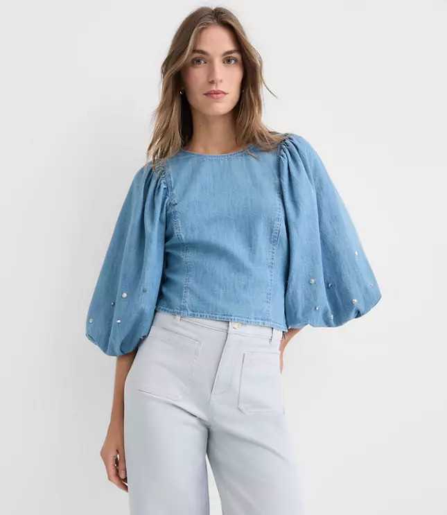 Petite Studded Chambray Puff Sleeve Blouse | LOFT