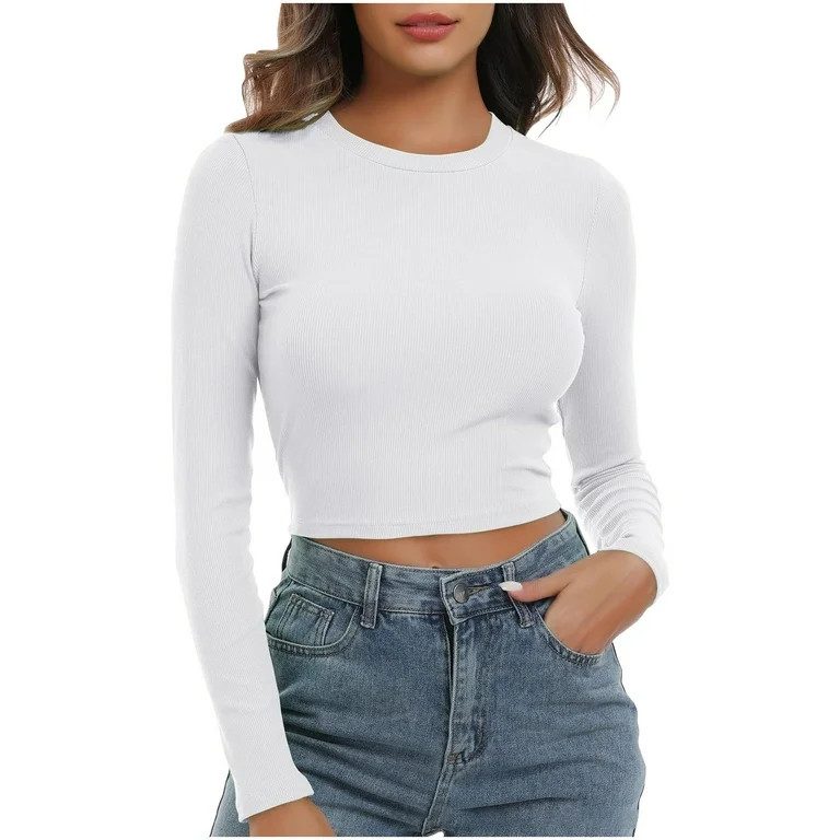 Women's Sexy Ribbed Knit Tops Solid Long Sleeve Crop Top 2024 Crew Neck Basic Fitted Tight Croppe... | Walmart (US)