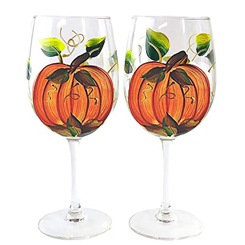 Hand Painted Pumpkin Fall Thanksgiving Wine Glass | Set of 2 | Perfect Thanksgiving Table Decor |... | Amazon (US)