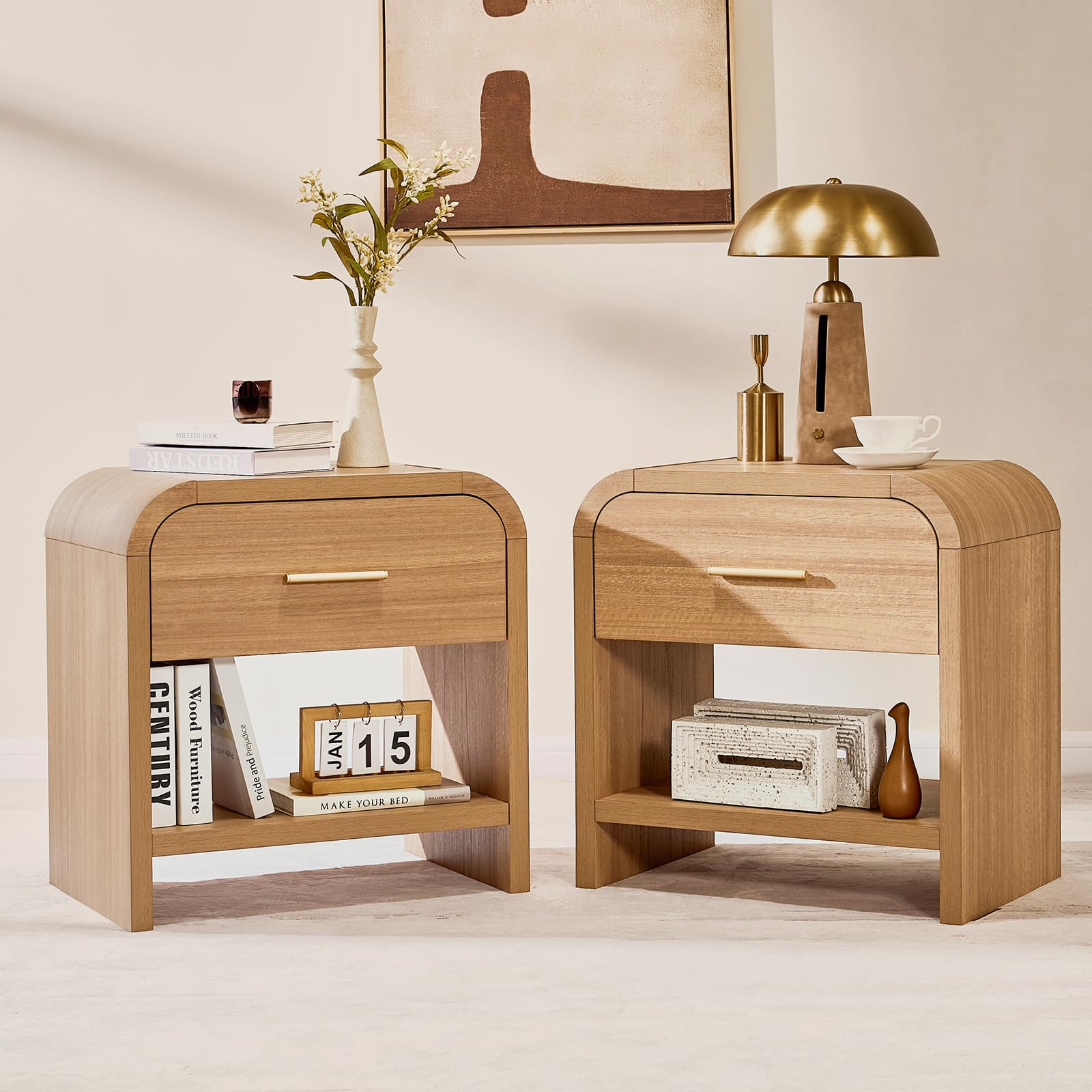 Night Stand Set of 2 [Unique Curved Design] [24" H 23.4" W ] [1.18" Thickened Board] 1-Drawer and 1 Storage Shelf Nightstand Bedside Table Side Table End Table | Amazon (US)