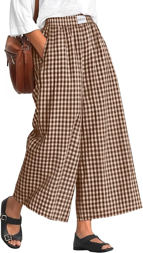Neer Women's Cotton Plaid Gingham Skirt Pants Flowy Oversized Wide Leg Elastic Waist Palazzo Casu... | Amazon (US)