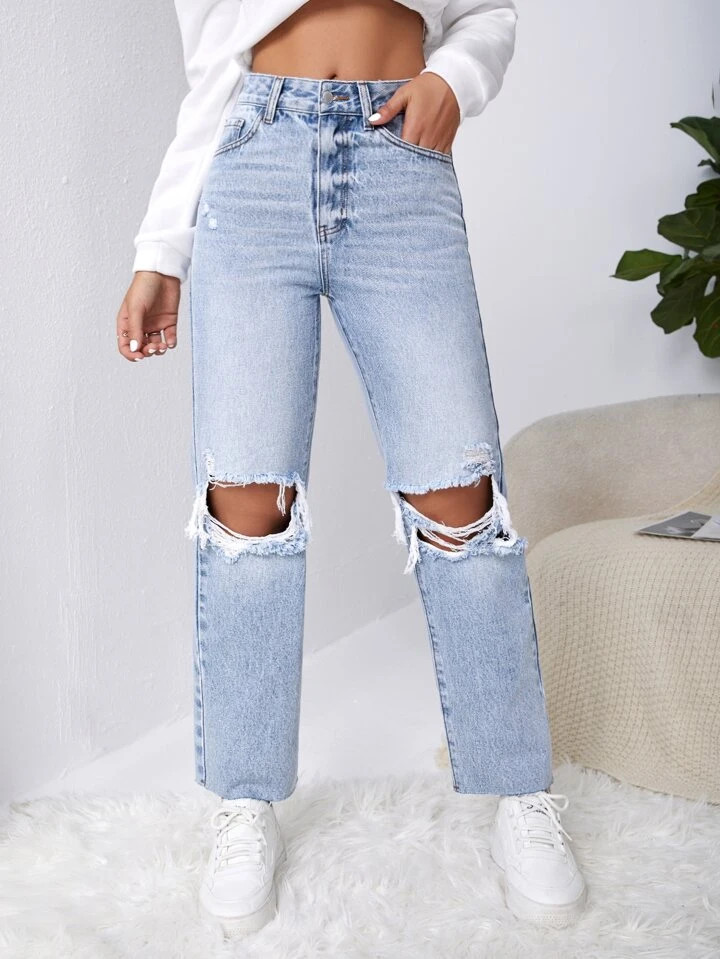 SHEIN EZwear Ripped Raw Cut Straight Leg Jeans | SHEIN