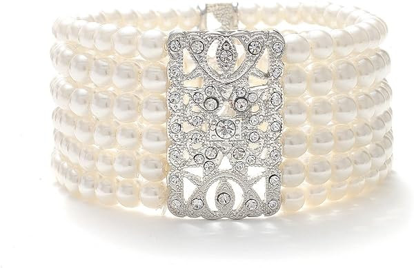 Mariell Ivory Pearl and Crystal Stretch Cuff Bracelet, Medium Size 6" to 7" Fits Most Wrists, Simulated Pearls, Vintage Design Bracelet For Brides, Weddings, Mother of the Bride | Amazon (US)
