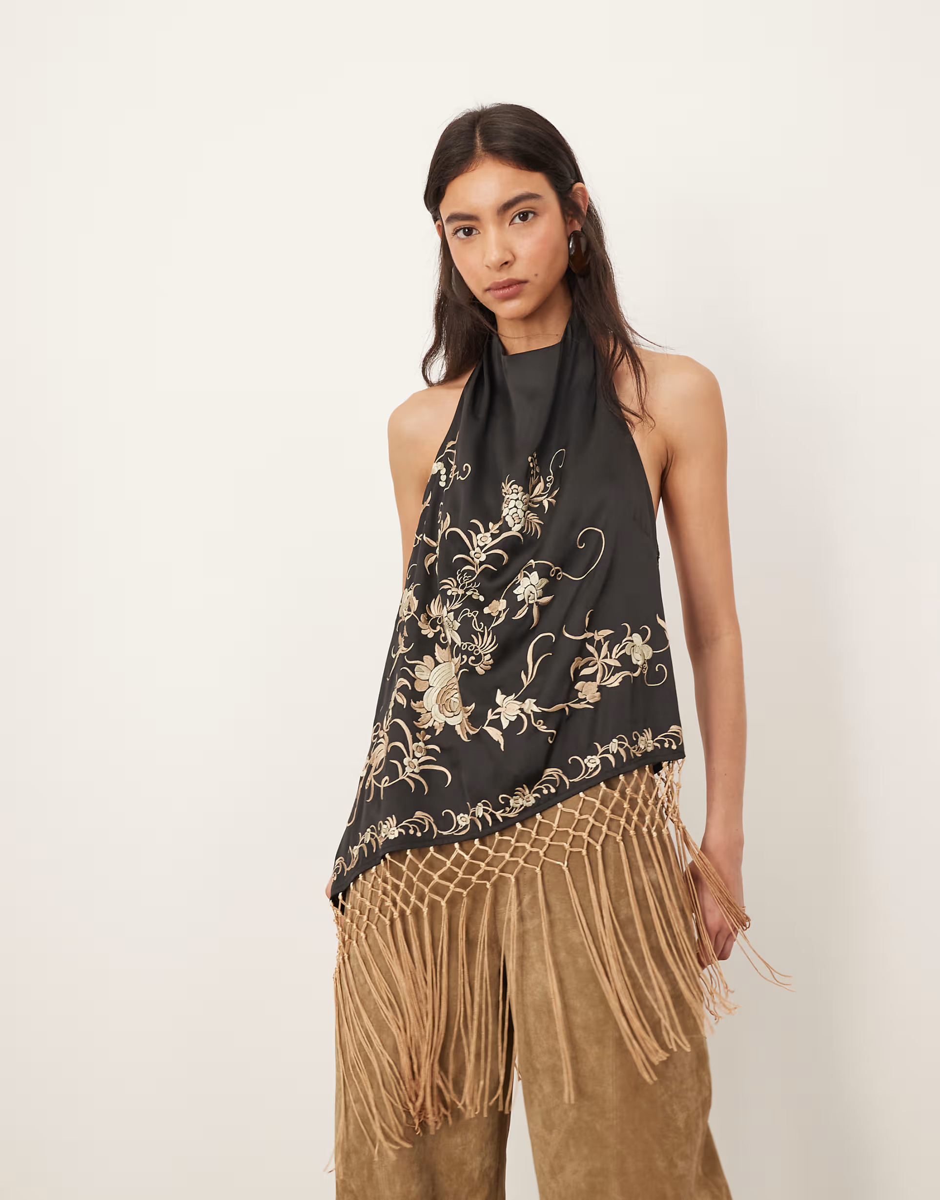ARRANGE embroidered halter neck asymmetric fringe hem longline top in black | ASOS (Global)
