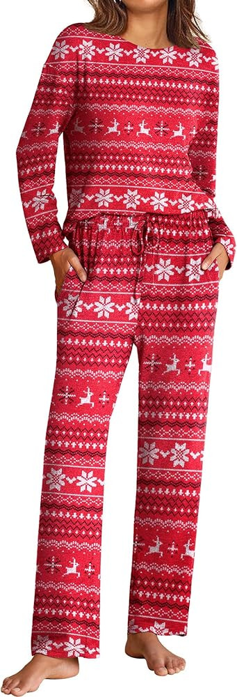 Ekouaer Pajama Set Womens Long Sleeve Sleepwear Pullover Top and Pants Cozy Loungewear Soft Pjs Loun | Amazon (US)