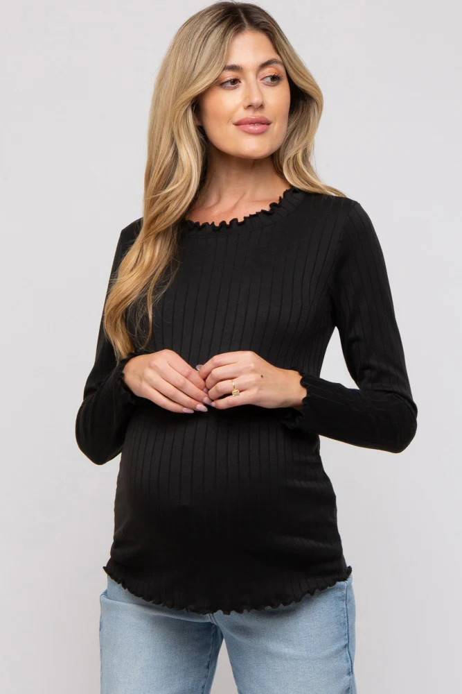 Black Rib Knit Lettuce Trim Maternity Long Sleeve Top | PinkBlush Maternity