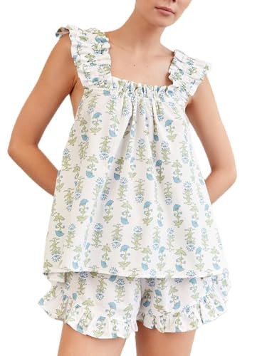 NUFIWI Women Floral Babydoll Tops 2 Piece Lounge Sets Square Neck Puffy Short Sleeves Peplum Shirt and Shorts Pajams Suits | Amazon (US)