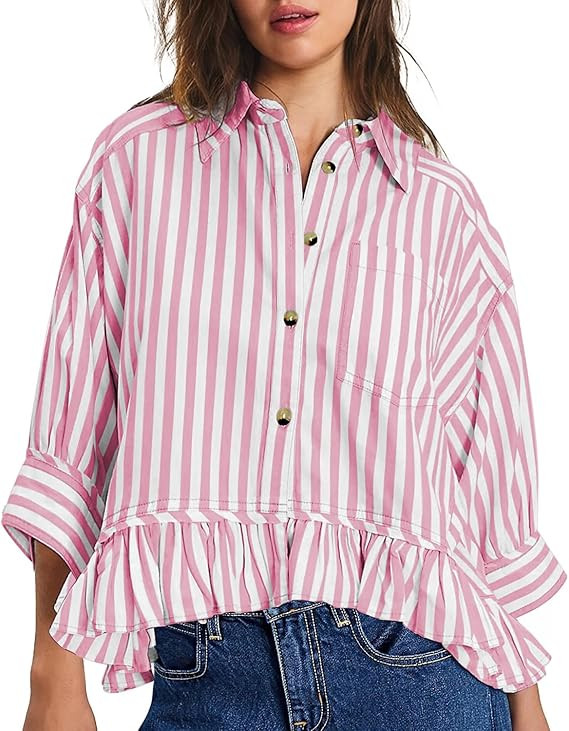 CHYRII Womens Summer Tops Dressy Casual Blouse Top Ruffled Short Sleeve Button Down Striped Shirt | Amazon (US)