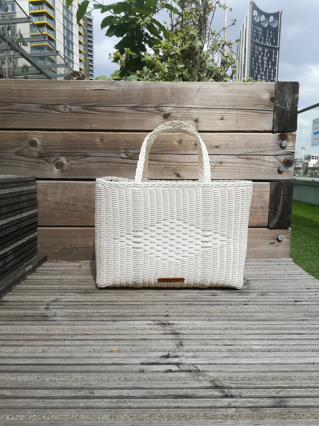 Large white tote bag, handwoven from recycle plastic, strong and durable, perfect as a shopper ba... | Etsy (US)