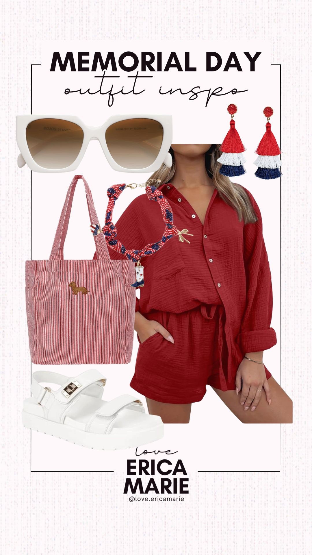 This Americana themed outfit is a must for Memorial Day. I have the set in multiple colors and love how comfy it is. Paired with the cutest red and white striped tote, fringe earrings, theme necklace and white sandals make this outfit comfy and on trend this summer. 
Americana outfit inspo

#LTKMidsize #LTKSeasonal #LTKOver40