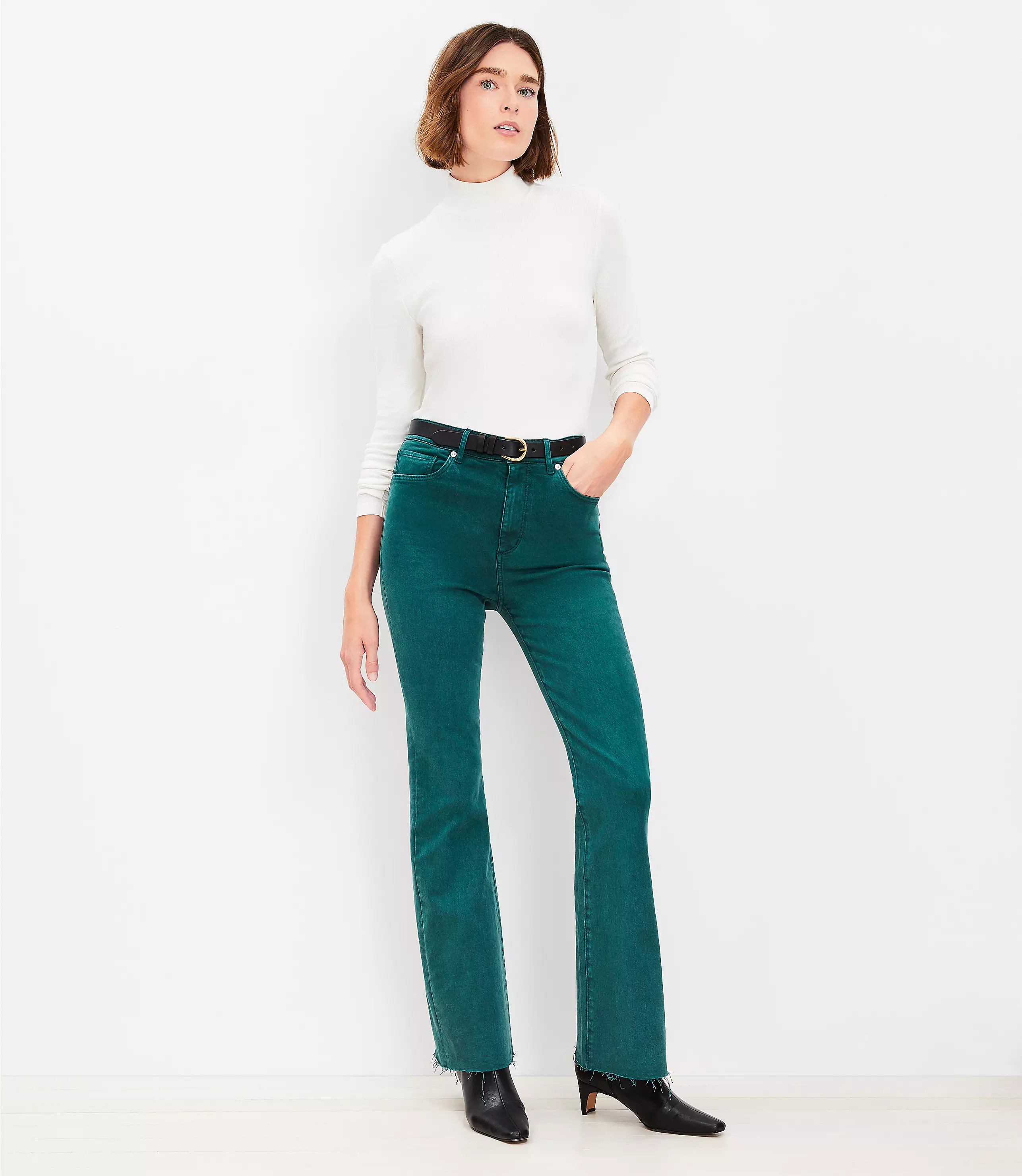 Fresh Cut High Rise Slim Flare Jeans in Deep Spruce Green | LOFT