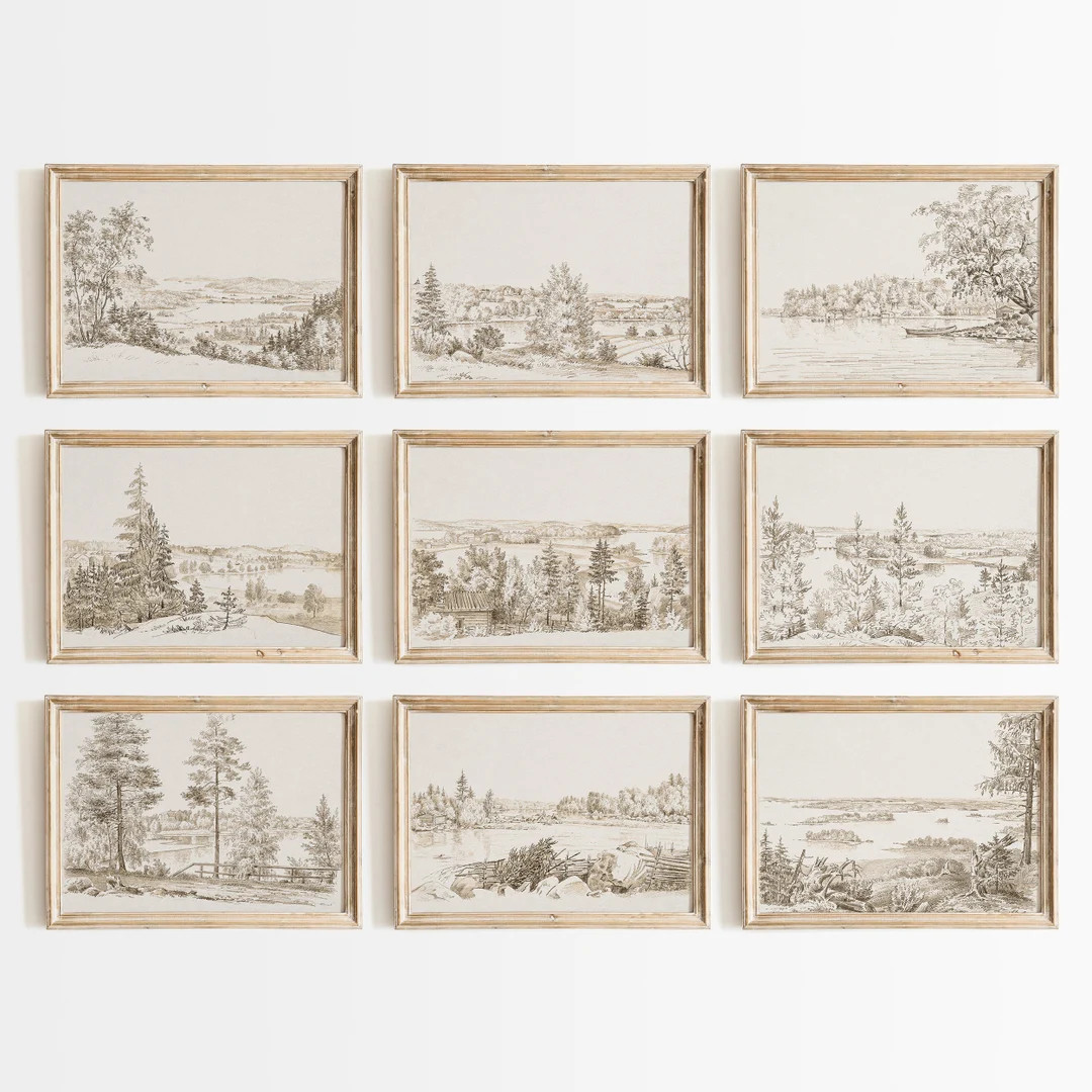 Minimalist Landscape Prints Vintage Sketch Art Rustic Country Decor Vintage Landscape Drawings Fa... | Etsy (US)