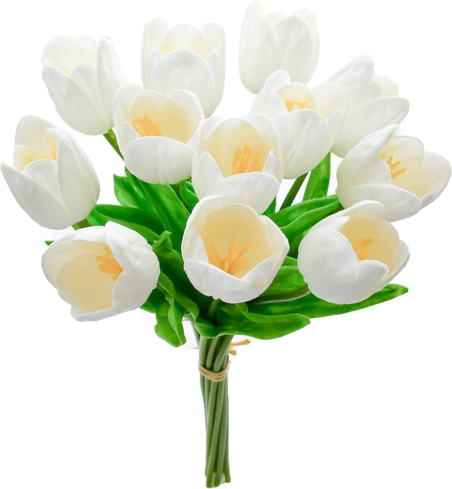 Mandy's Artificial Tulips 12 Stems White Partially Open PU Faux Flowers for Wedding Home Decor 13... | Amazon (US)