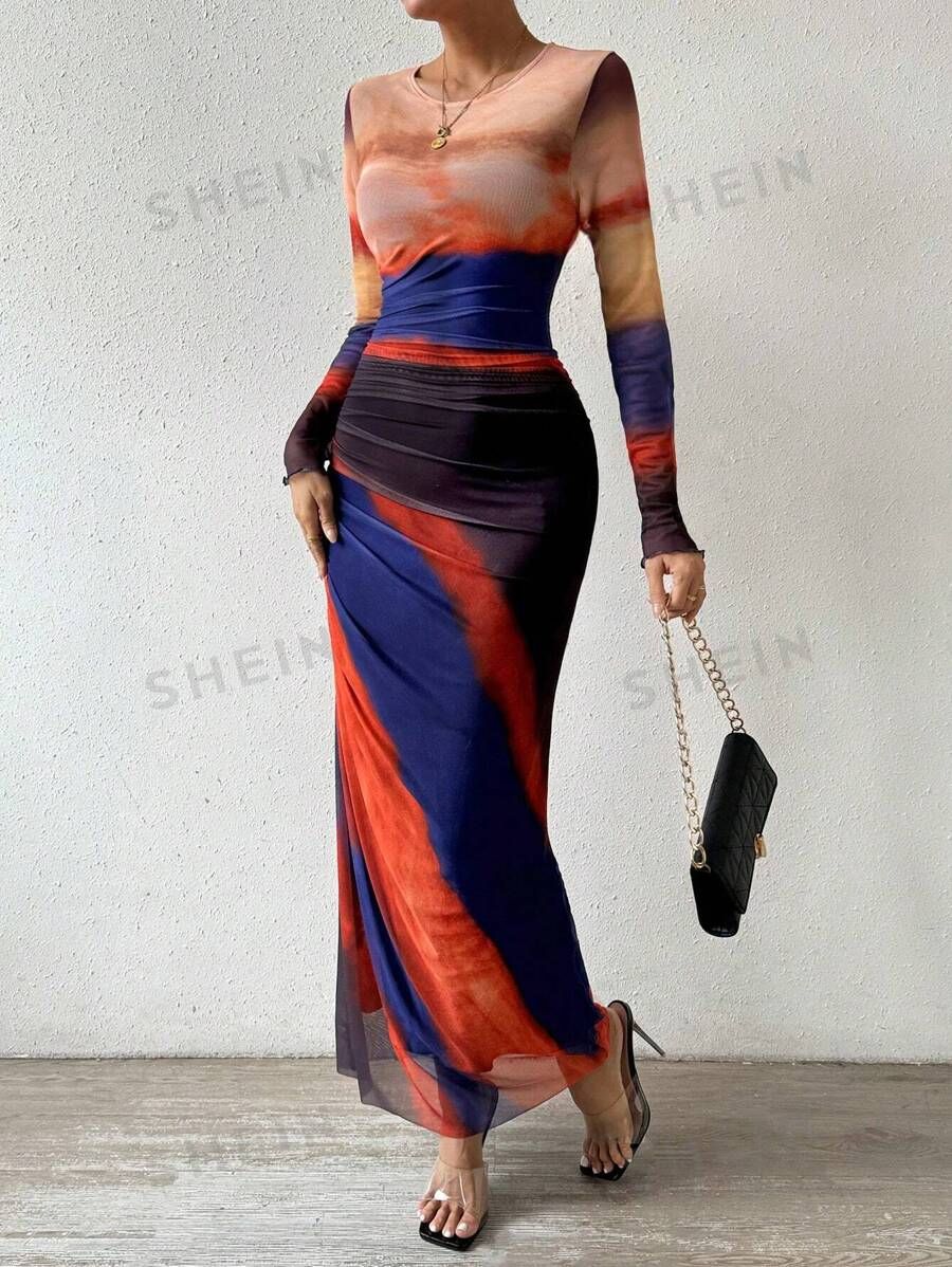 SHEIN BAE Women's Tie Dye Print Round Neck Long Sleeve Dress | SHEIN